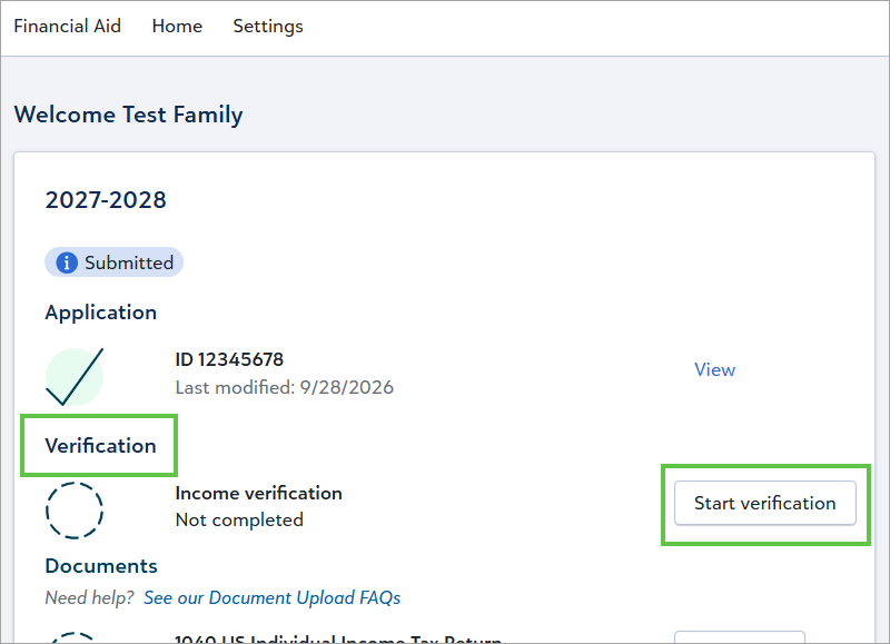 Home page with IRS income verification offered, not required